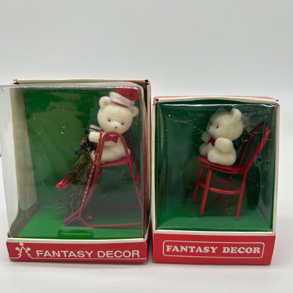 2 VINTAGE White Fuzzy Teddy Bear Christmas Ornaments Red Metal bases 1988 80's